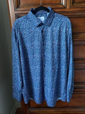 Casual Floral Button-Up Shirt - Blue with Pink Accents